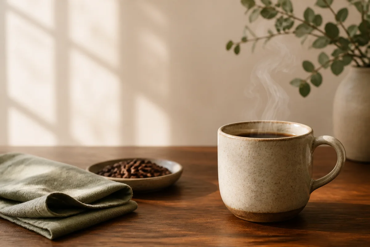 A fresh cup of coffee in warm morning light