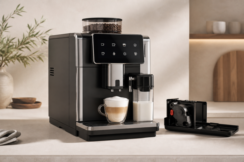 Automatic espresso machine with milk carafe and removable brew unit