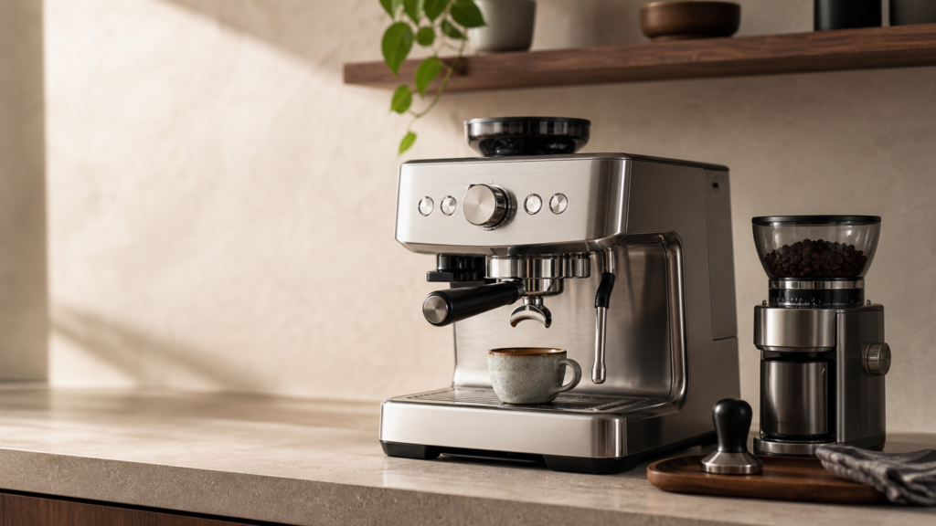 Automatic espresso machine and grinder in a home coffee setup
